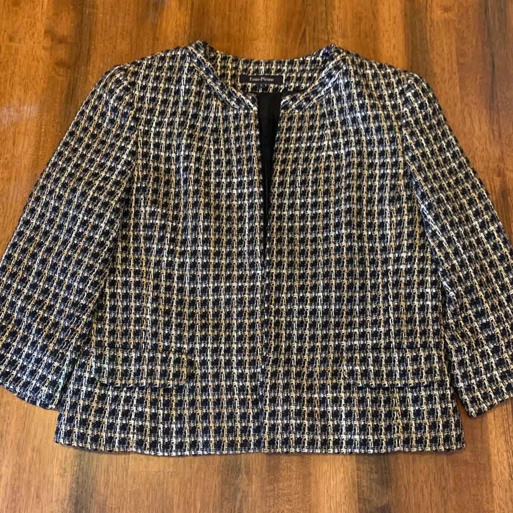 Evan-Picone Blazer 12 Black Gold White Tweed Lined Pockets Jacket